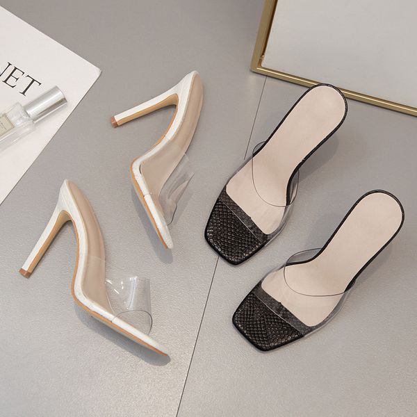 

female shoes slippers women summer low slides rubber flip flops transparent heel heeled mules thin heels 2020, Black