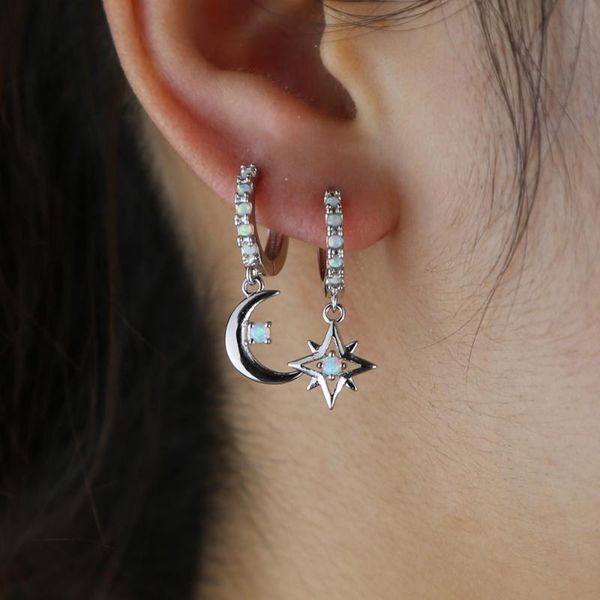 

hoop & huggie 2021 opal earring with silver gold color plated moon star dangle charm for women wedding jewelry, Golden;silver