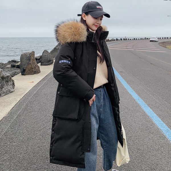 

2019 winter jas women's thicken capuchon bontkraag long women's jacket exit parka mujer invierno, Black