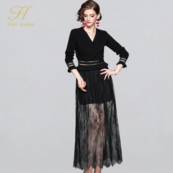 

h han queen v-neck knit stitching lace long dress women slim hollow out party dresses wnter 2-piece work a-line vestidos, Black;gray