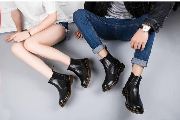 

new men and women casual leather boots couple martin boots leather high-leather shoes, Black