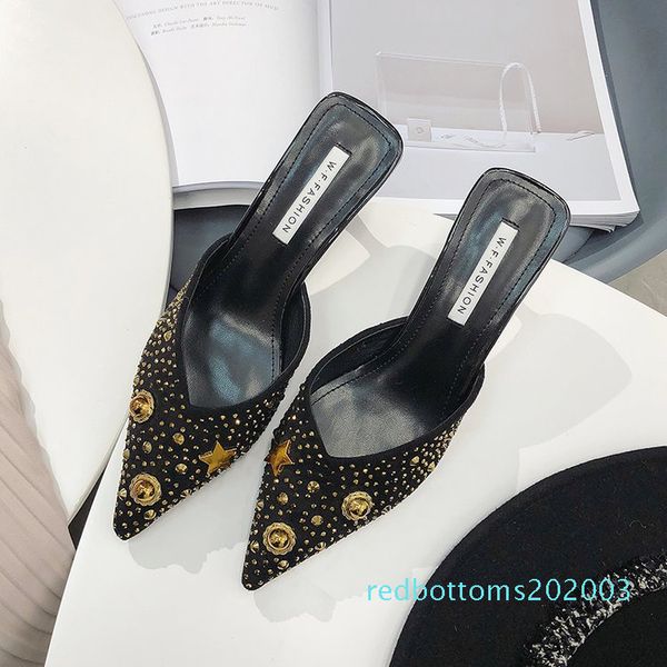 

effgt women summer high heel mules slippers ladies pointed toe strange style rivet single shoes fashion sequin slipper sandals r03, Black