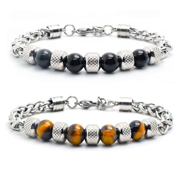 

black beads tiger eye bracelet mens natural stone chain on hand stainless steel charm chain bracelet male steampunk hip hop 2019