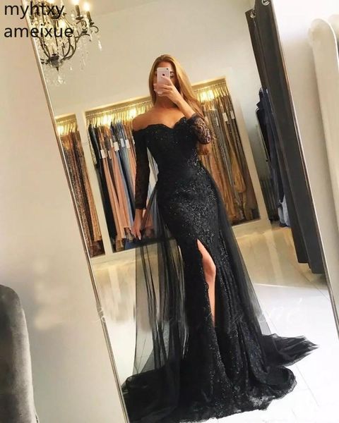 

lace long black and silver white evening dresses 2019 mermaid v-neck plus size formal islamic arabic elegant event dress, White;black