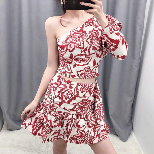 

deat 2020 spring summer long sleeve one shoulder red print crop ruffles short mini skirt two piece set women outfits mi803, White