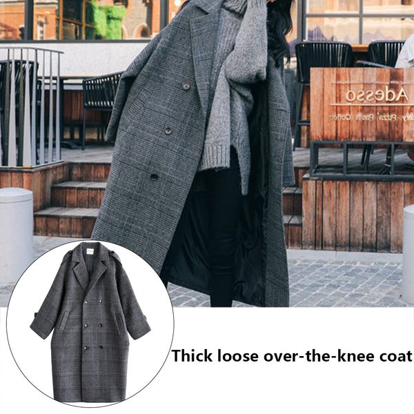 

winter women wool blends coat long warm plaid cashmere outwear thick loose over-the-knee coat single breasted solid v-neck, Black