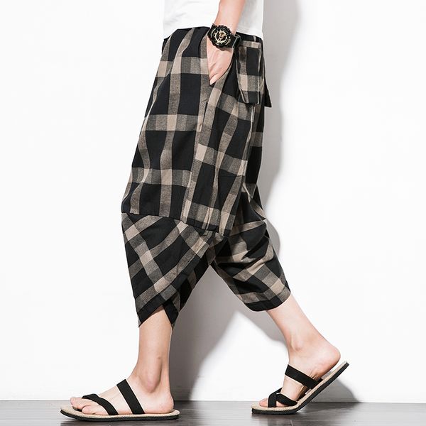 

men casual plaid cotton harem pants men new chinese style calf-length sweatpants streetwear joggers, Black