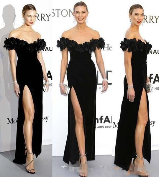 

2019 New Arrival Black Formal Mermaid Prom Dresses Celebrity Dresses Cheap off shoulder 3D floral velvet split evening gowns