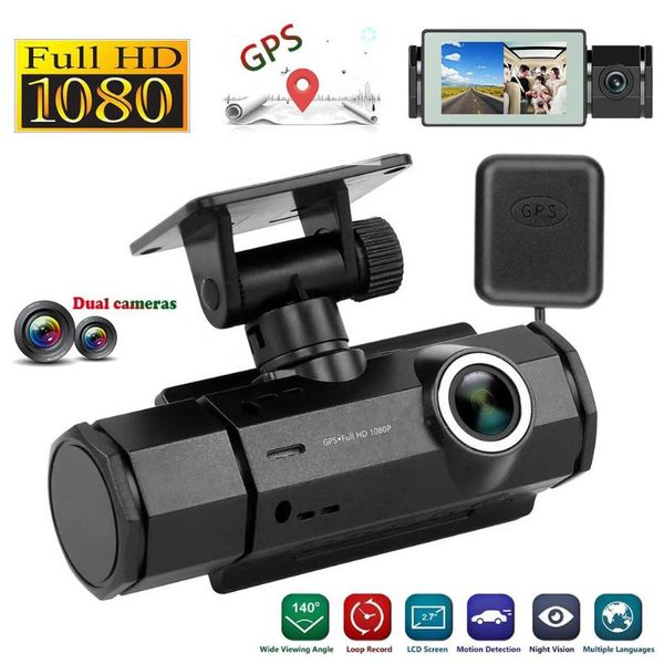 

1 hd 1080p seamless loop recording car dvr camera dual lens gps track night vision dashboard cam selective audio recording