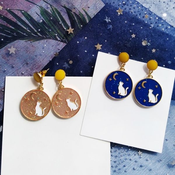 

creative metal texture cartoon cute cat starry round clip earrings for women girl's accessories fashion personality jewelry, Silver