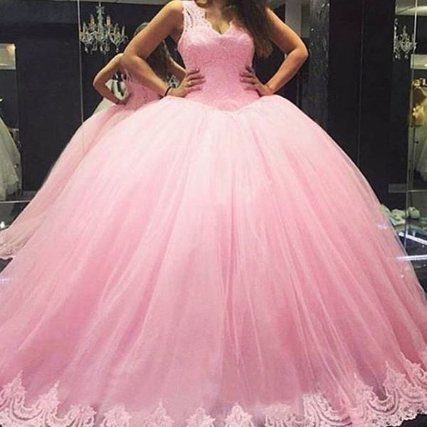 

pink ball gown prom dresses v neck sleeveless lace appliques long formal puffy tulle evening party gowns custom made high quality, Black