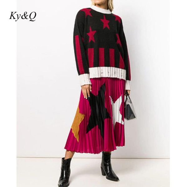 

runway fashion star jacquard sweater women elegant o-neck long sleeve knitwear pullovers sweater 2019 autumn winter loose top, White;black