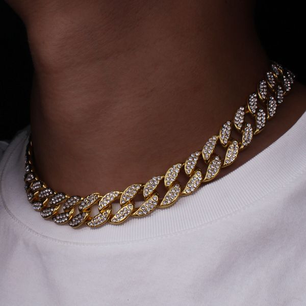 

bling rhinestone golden finish miami cuban link chain necklace men's hip hop necklace jewelry 16,18, 20,24 inch, Silver