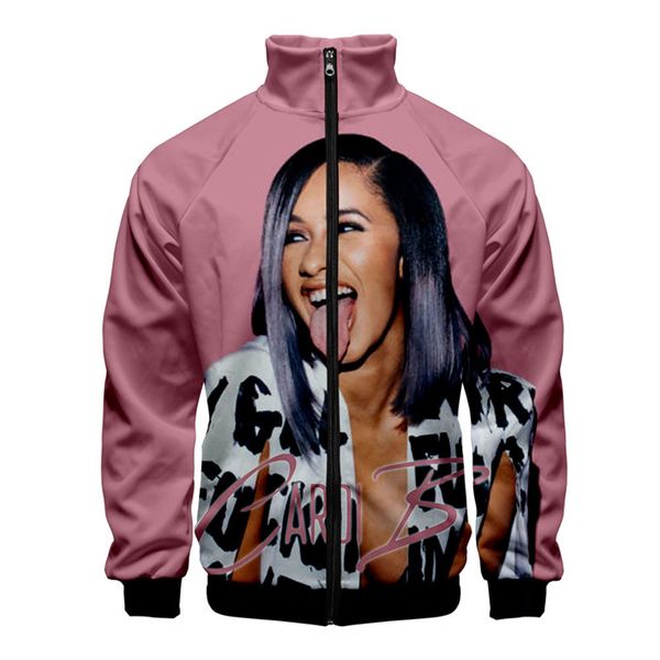

cardi b 3d printing personality zipper sweaahirts mens womens stand collar fashion cacual long sleeve clothing, Black