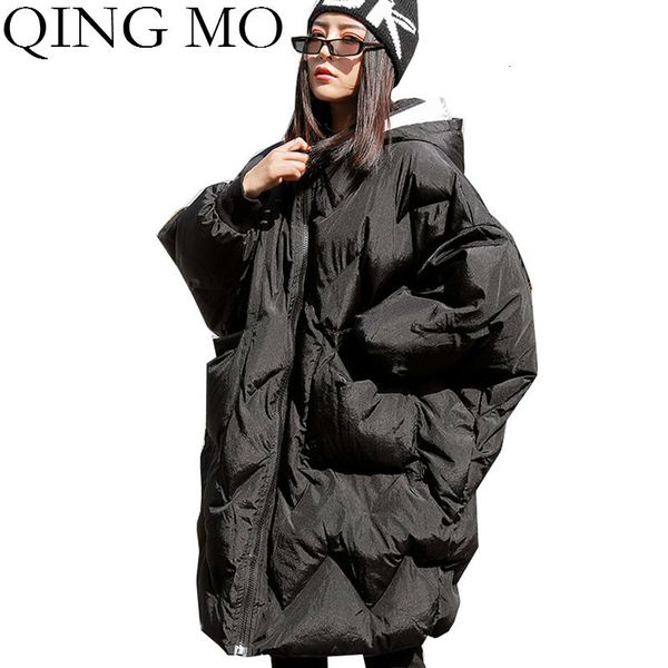 

qing mo black woemn hooded parkas 2019 women batwing sleeve parkas female winter thick warm cotton padded coat loose zqy2364