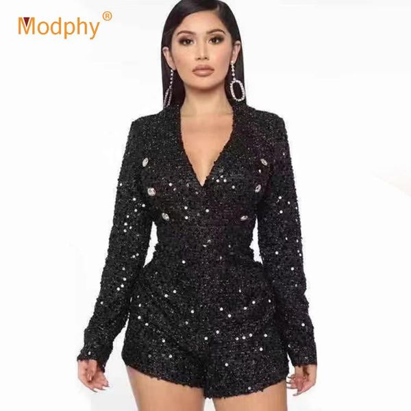 

women's jumpsuits & rompers modphy 2021 spring fashion black sequin jumpsuit club party v-neck button bodycon, Black;white