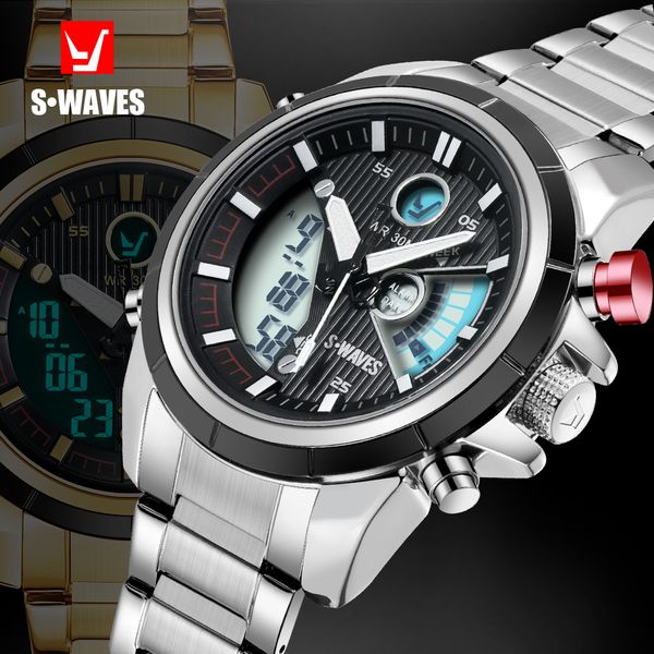 

luxuryswaves dual display watches mens 2019 stainless steel waterproof big waches men watch military quartz electronic reloj hombre, Slivery;brown