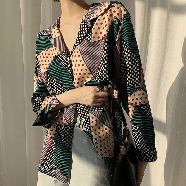 

vintage v-образным вырезом шифон блузка женщины геометрический женщины топы и блузки полный рукава рубашки сыпучие blusa feminina 2020, White