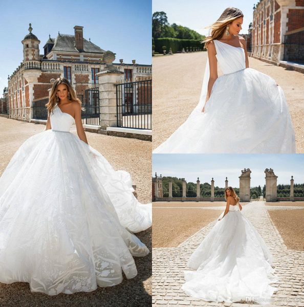 

milla nova 2019 lace ball gown wedding dresses one shoulder backless bridal gown appliqued sweep train plus size wedding dress, White