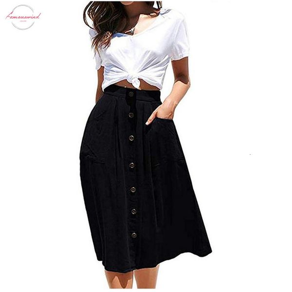 

2019 vintage womens skirt fashion a line midi skirt elastic high waist solid color front button casual pleated skirt with pocket, Black