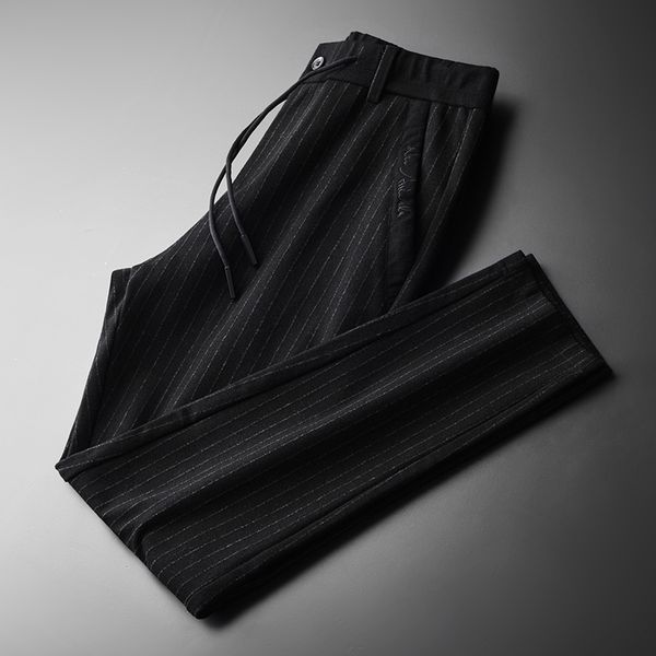 

minglu vertical stripe pants man plus size 4xl elastic waist soft fabric spring men casual pants luxury slim fit mens trousers, Black