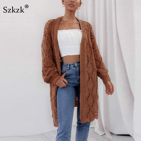 

szkzk hollow out jacket knitted cardigan autumn sweater woman winter 2019 knitwear loose sweaters women long sleeve female coat, Black;brown