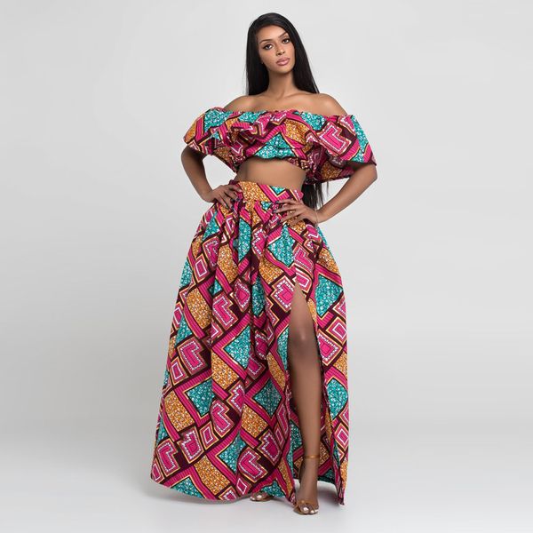 

women two pieces of african printed dresses blouse and long skirt front split fashion clothing for ladies, White