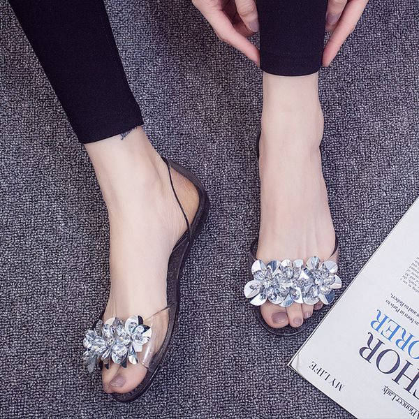 

summer new flat transparent shoes non-skid rhinestone slippers sandals, Black