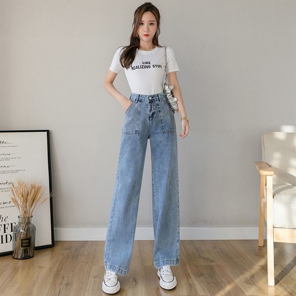 

women's jeans loose straight blue cotton for girls with big pockets