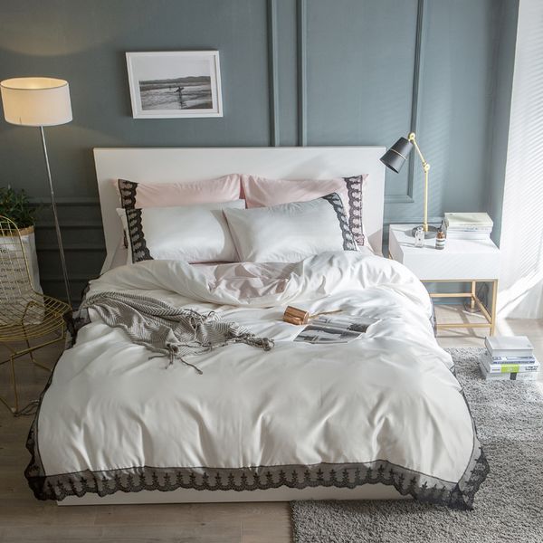 Silk Cotton Lace Girls Bedding Set King Queen Size Double Grey