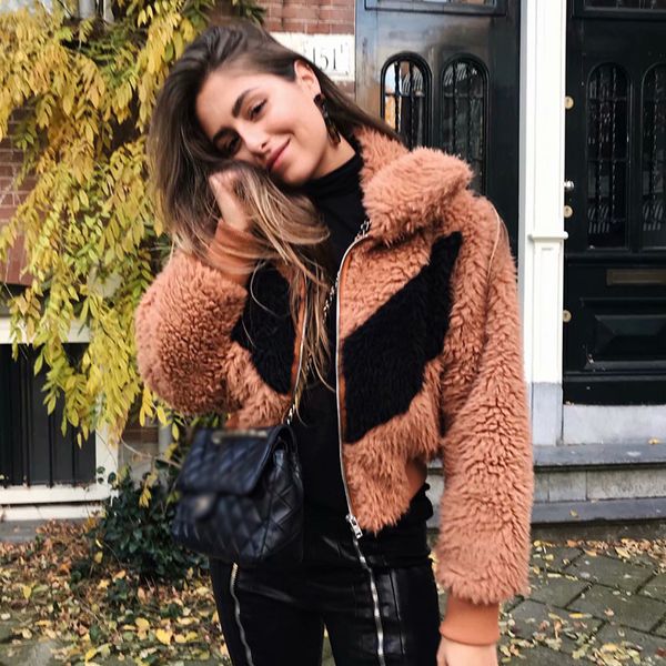 

new fleece women patchwork lambswool jackets 2019 fashion ladies faux fur coats feminine street-wear girls oversize outwear chic, Black