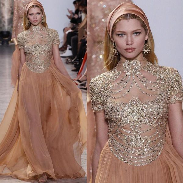 

elie saab high neck a line evening dresses illusion short sleeve chiffon bead sequined runway celebrity gowns, Black;red