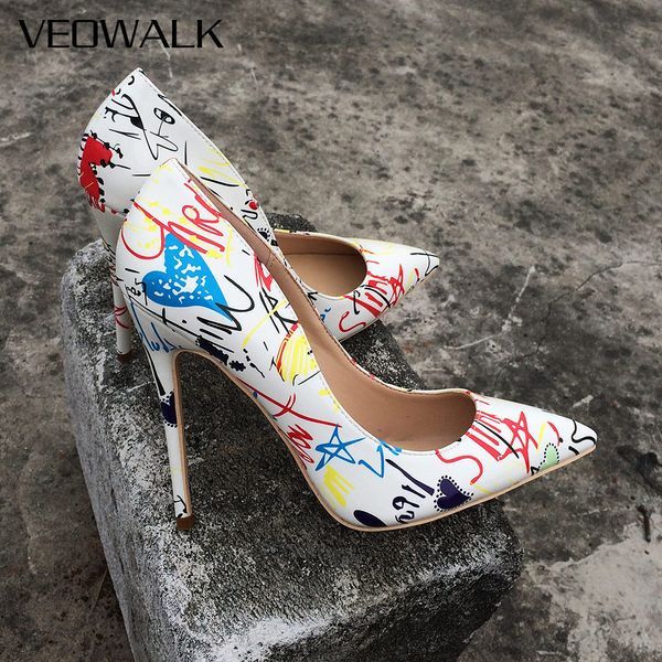 

veowalk artistic graffiti printed women stiletto high heels ladies wedding party pointed toe pumps shoes customized accept, Black