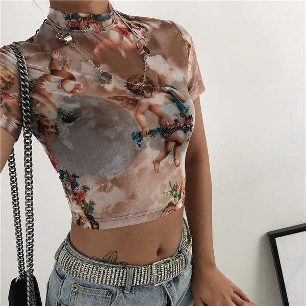 

fashion women designer t shirt with printed new arrival perspective mesh material t shirts women tees 2 colors size s-l, White