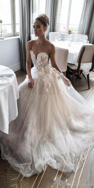 

2018 new elihav sasson 3d rose flower floor length holiday wedding gowns illusion jewel sweetheart floral ruched bodice wedding dresses, White