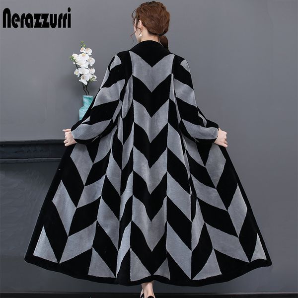 

nerazzurri winter real fur coat women color block extra long v neck plus size natural sheared lamb fur overcoat 4xl 5xl 6xl 7xl, Black