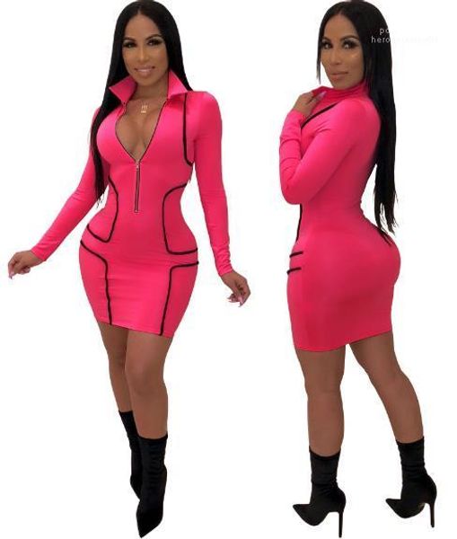 

skinny dress womens solid color dress women deep v bodycon dresses front zipper designer pencil dress slim fit, Black;gray