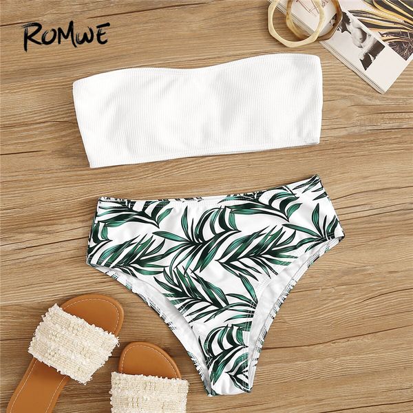 

romwe sport bikinis set rib-knit bandeau with plants leaf print bottoms swimsuit women summer high waist beachwear