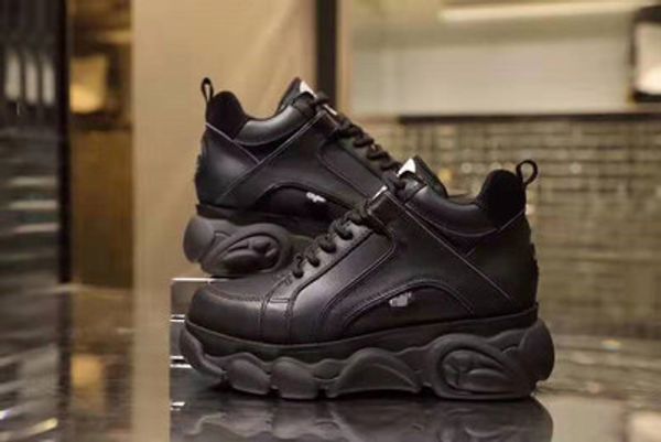 

buffalo london classic sneakers 1339 platform genuine leather lace-up woman trainers classic 60mm low-top, Black;white