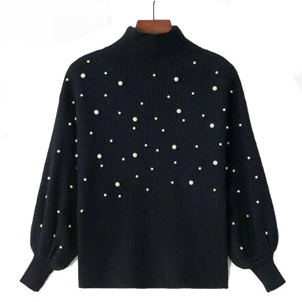 

женская дизайнер свитер свитер женщины 2019 женщин вязаного пуловер pearl бисероплетение фонарь рукав свитер водолазка pearl перемычка пончо, White;black