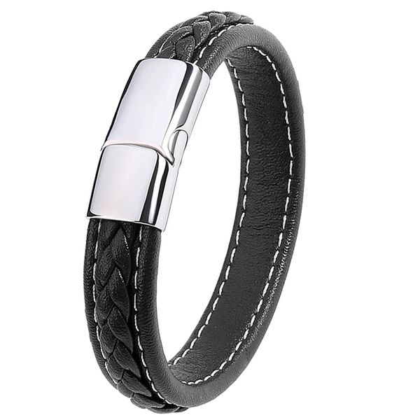 

firebros silver color stainless steel magnet clasp vintage black braided genuine leather bracelet jewelry for men dropshipping, Golden;silver