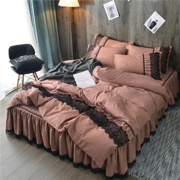 

princess style 4pcs bed set duvet cover bed skirt pillowcases lace caramel brown blue purple grey  king