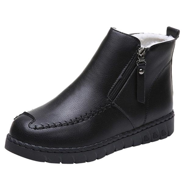 

women solid color flat with zipper leather keep warm snow boots round toe shoes casual ladies footwear european new 2020, Black