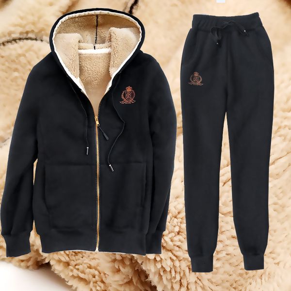 

s-2xl women set winter lambskin thicken sweatshirt+pants 2 pieces suits women loose plus velvet hooded warm cotton jacket casual, White