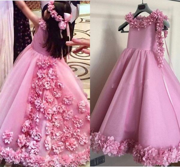 Erröten rosa handgemachte Blumen Party Kleider Mädchen mit Stirnband Bateau schöne Teens Festzug Geburtstag Kleid für Kinder Blumenmädchen Kleid Hochzeit