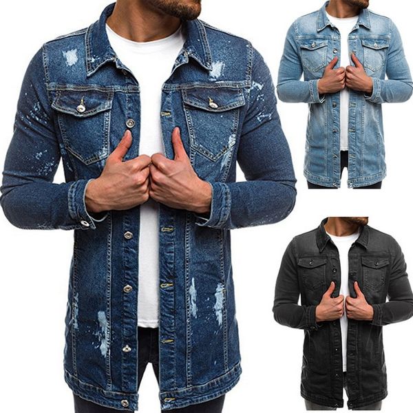 

laamei men casual denim jacket autumn winter long sleeve vintage classic ripped jackets coats slim denim jacket streetwear, Black;brown