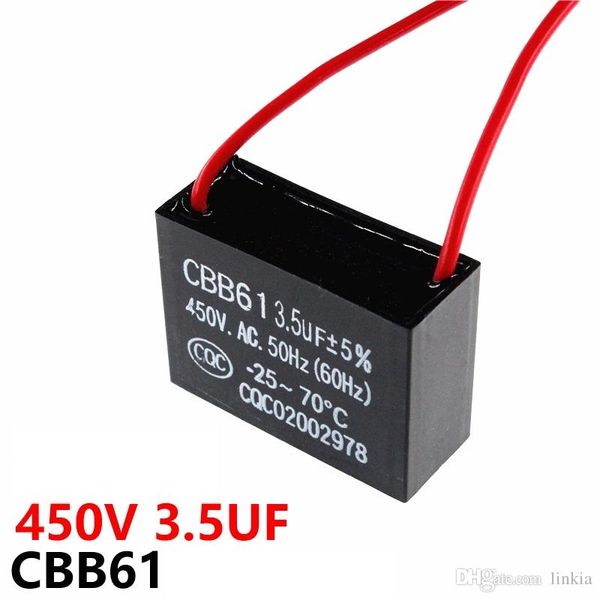 Capacitor de partida do ventilador CBB61 450VAF 3.5UF com o comprimento do chumbo da capacitância da linha 10cm