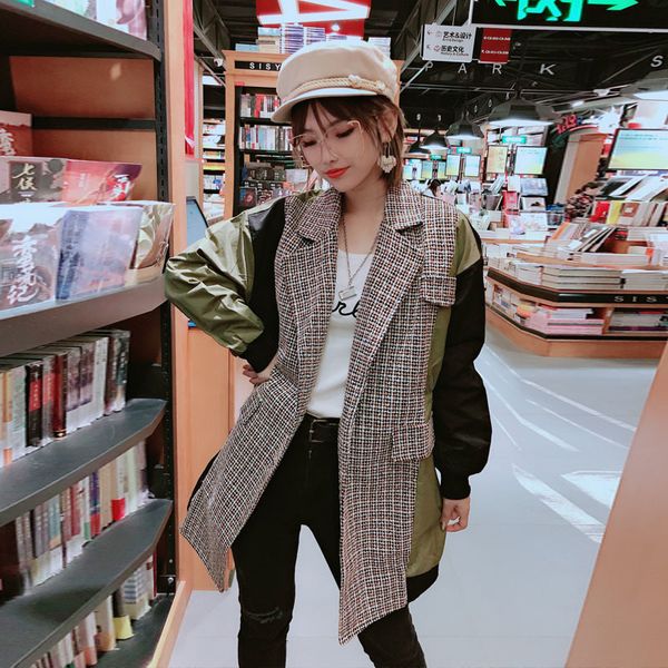 

ewq]2020 autumn new stitching long trench coat slim outwear women windbreaker vintage patchwork plaid trend coat feminino ql043, Tan;black