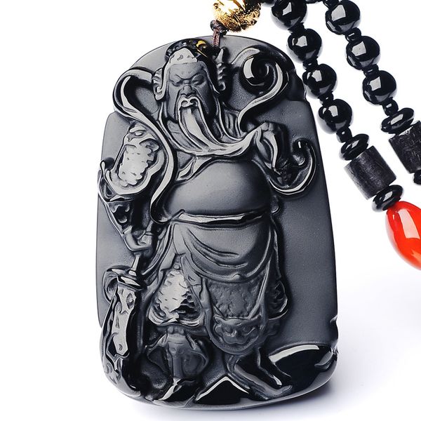 

natural abrasive obsidian door god guan gong hanging necklace pendants, Silver