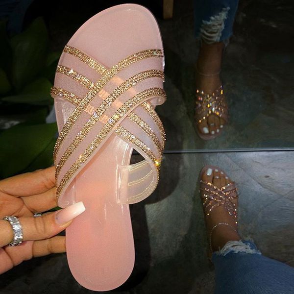 

sandals 2021 transparent slippers biling crystal women platform summer outdoor rhinestones flat ladies sandalias mujer, Black
